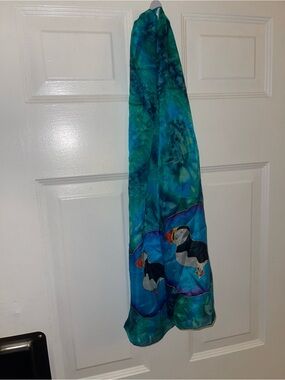 Multicolor Puffin Hand-Painted & Signed Scarf, 100% Silk